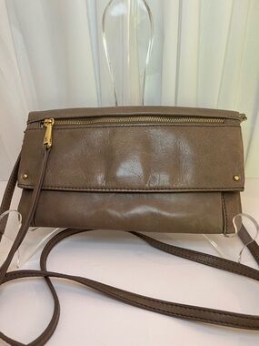 HOBO Taupe Brown Fold-Over Crossbody with Gold Hardware